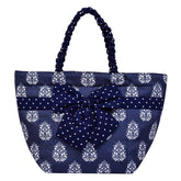 Kuber Industries Hand Purse | Polyester Hand Bag | Woman Shoulder Bag | Top Handle Handbag | Gifting Hand Purse | Ladies Tote Purse | Bow Dot Printed Handbag | Blue